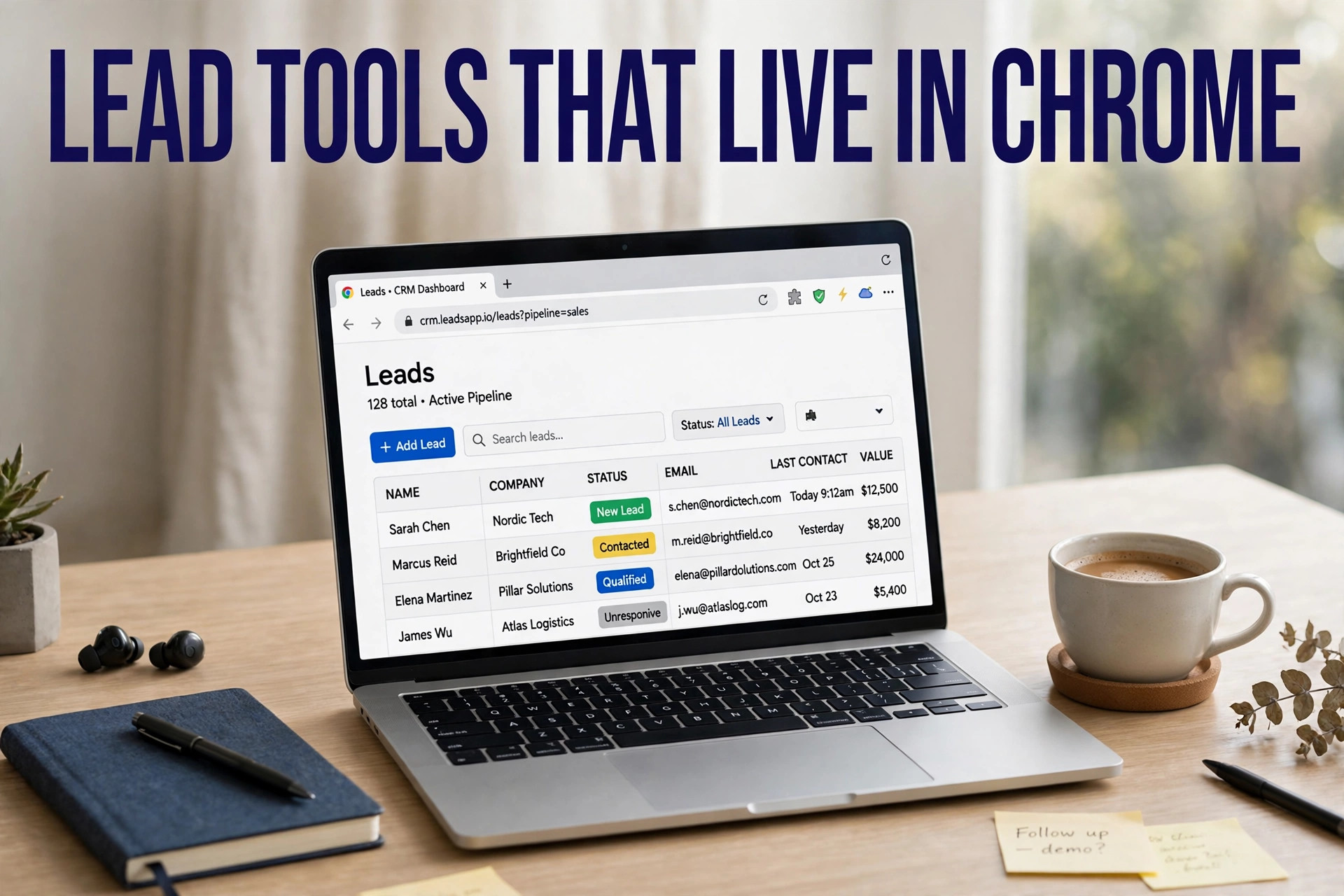Laptop showing a Chrome browser with extension icons and a lead list, headline Lead Tools That Live in Chrome