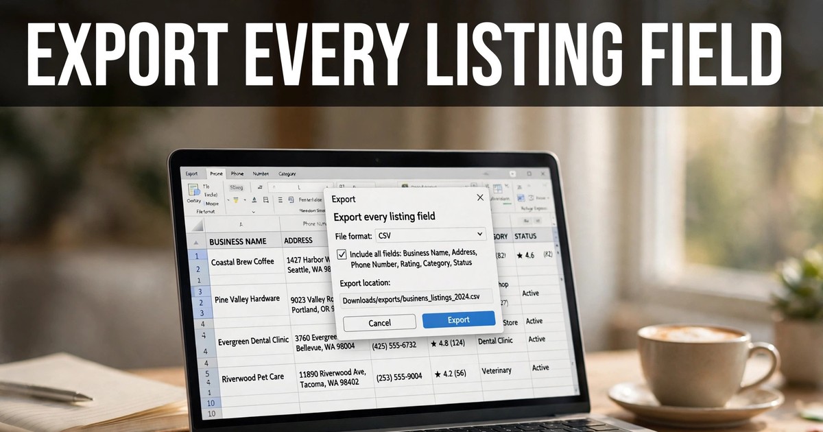 Laptop showing a spreadsheet export dialog with business listing rows