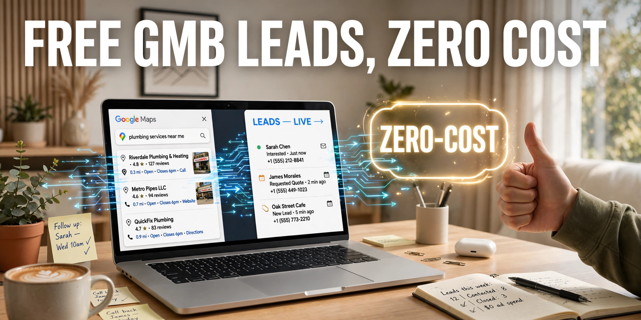 Laptop showing Google Maps leads with a glowing Zero-Cost badge, headline Free GMB Leads, Zero Cost
