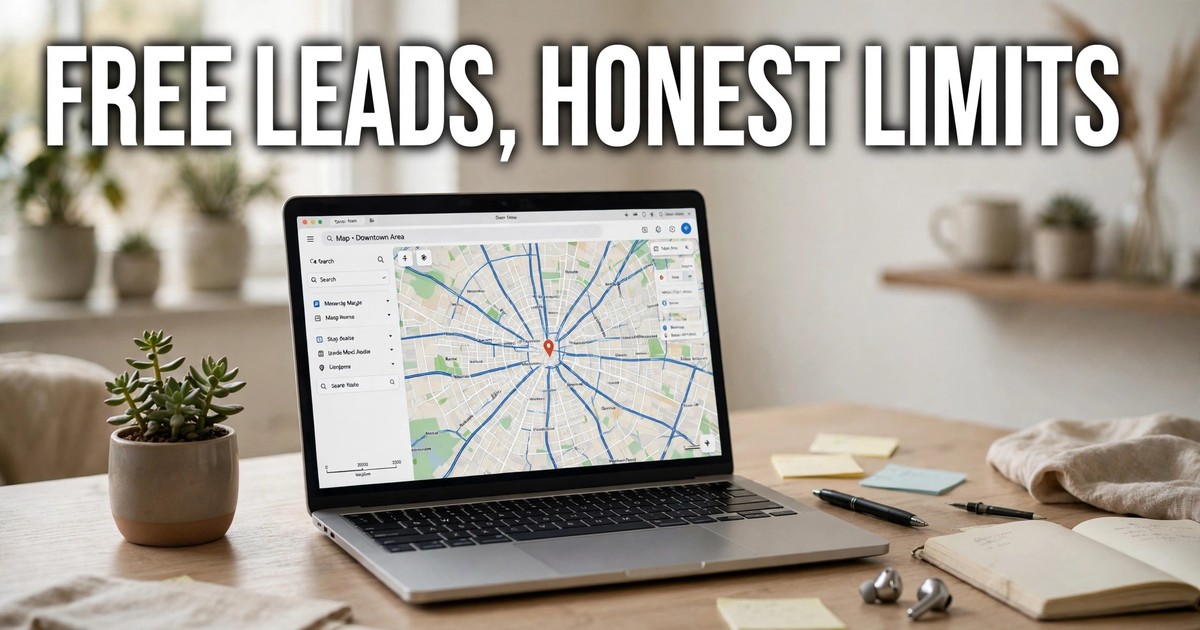 Laptop showing a map on a bright home-office desk with a small plant, free Google Maps lead scrapers compared