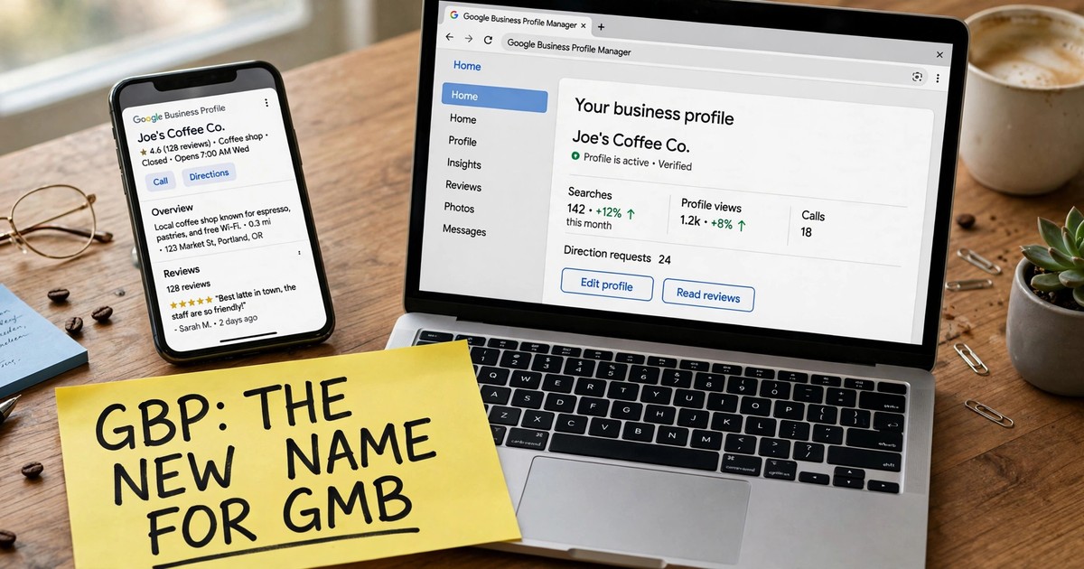 Smartphone showing a Google Business Profile listing next to a laptop on a desk