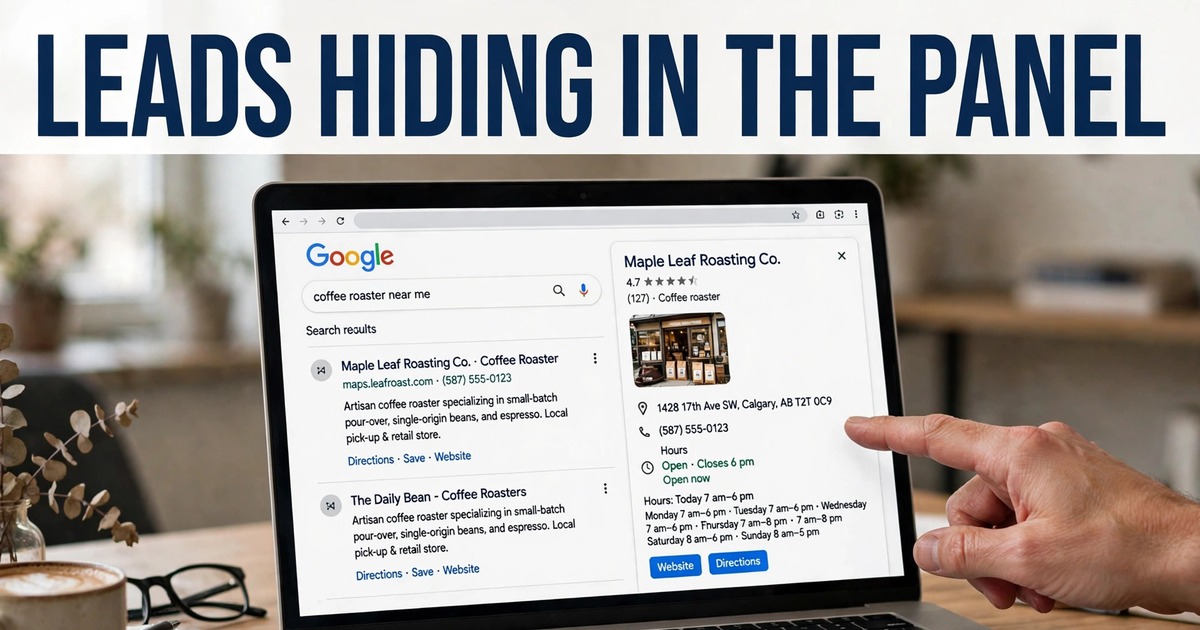 Laptop showing a Google search results page with a business knowledge panel and a hand pointing at the panel