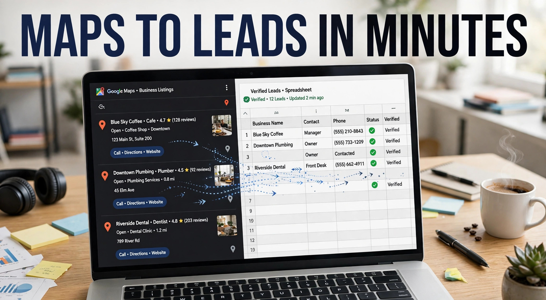 Laptop showing Google Maps listings turning into a verified lead spreadsheet, headline Maps to Leads in Minutes