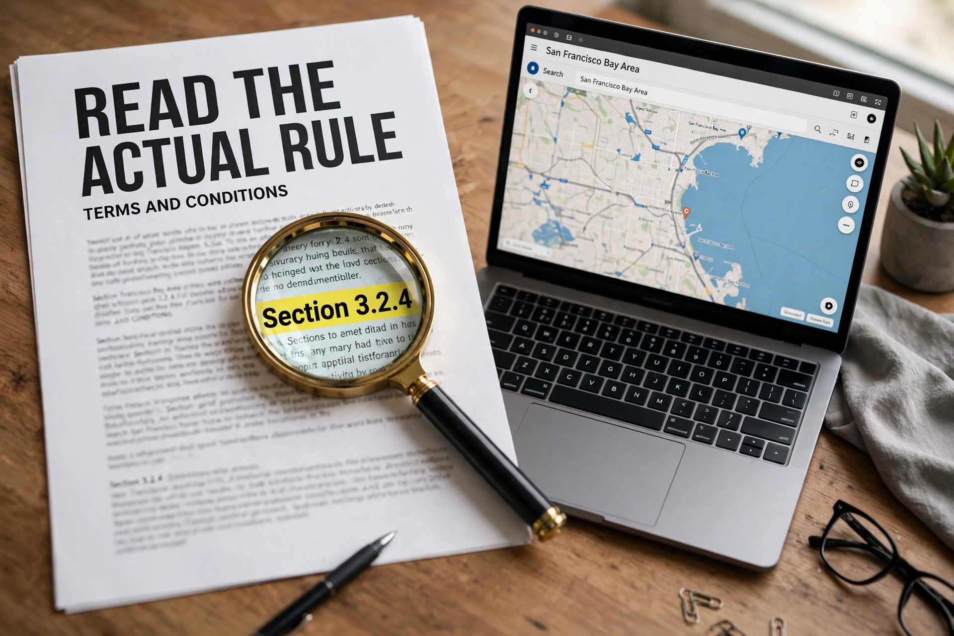 Printed terms document under a magnifier beside a laptop showing a map, with the words READ THE ACTUAL RULE