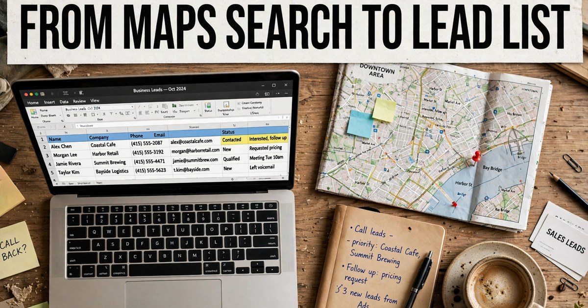 Overhead workspace photo with a laptop showing a lead spreadsheet next to a map