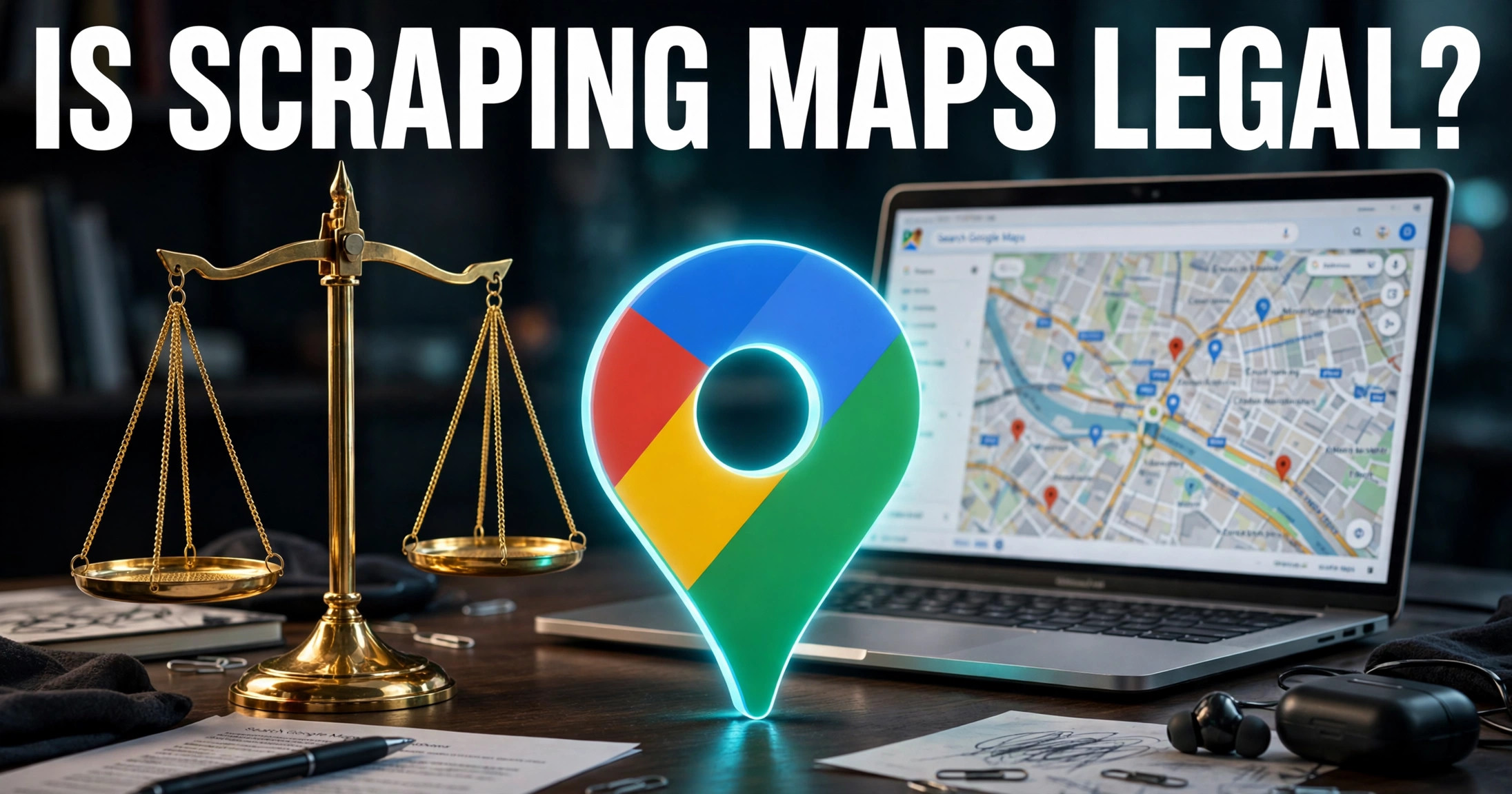 Golden scales of justice beside a glowing Google Maps pin, headline Is Scraping Maps Legal?