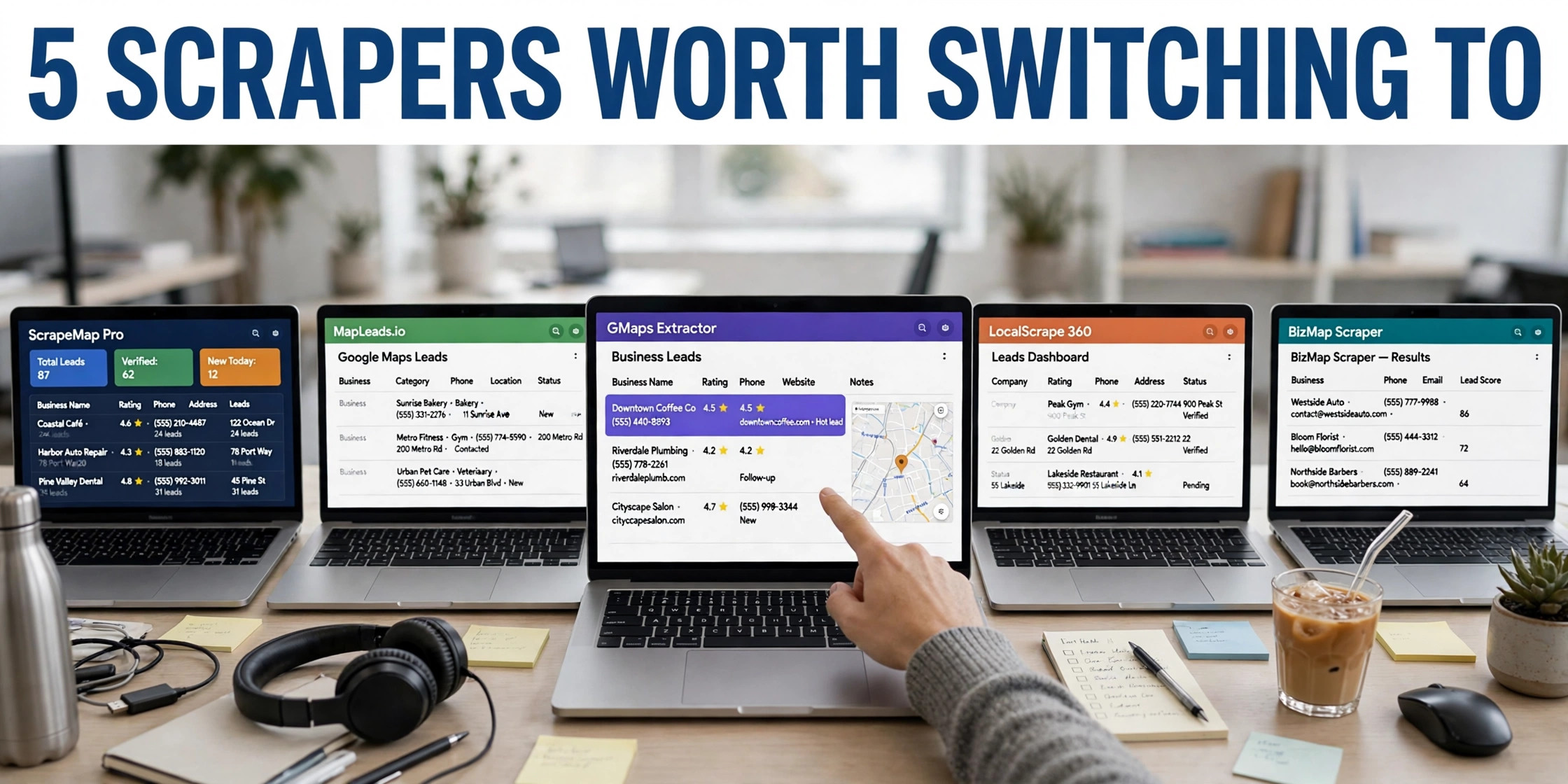 Five laptops side by side comparing Maps scraper tools, headline 5 Scrapers Worth Switching To