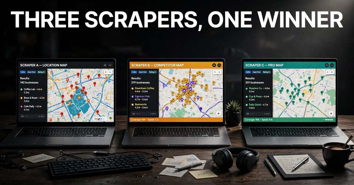 Three laptops side by side comparing Lead Sniper, Leadstal and GMBspy Maps scraper tools
