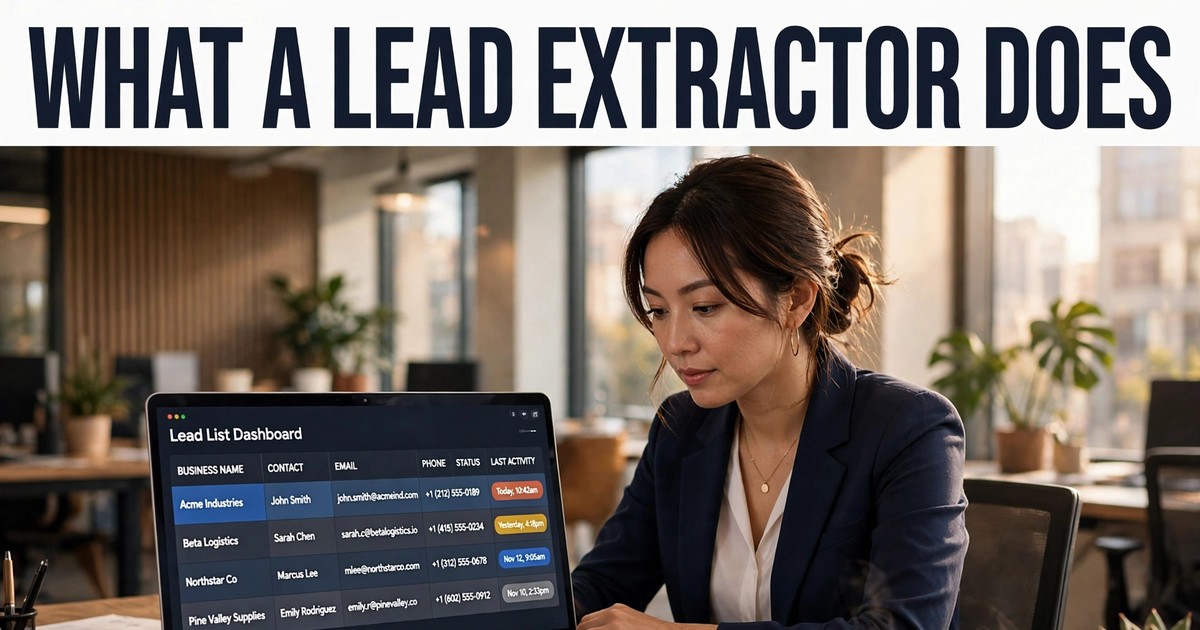 Sales professional at a desk reviewing a lead list dashboard on a laptop