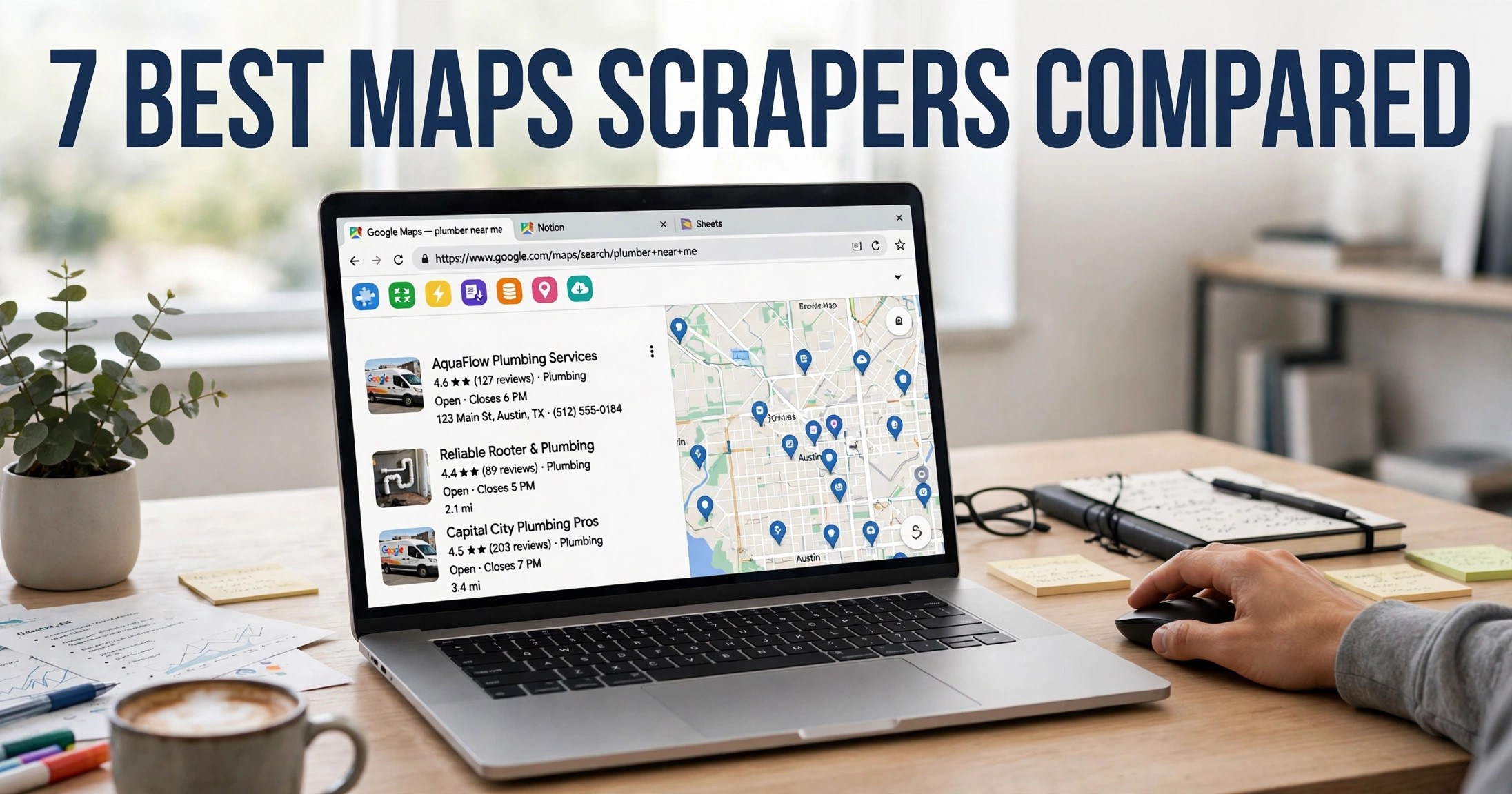 Laptop showing Chrome browser with Google Maps results and extension icons, headline 7 Best Maps Scrapers Compared
