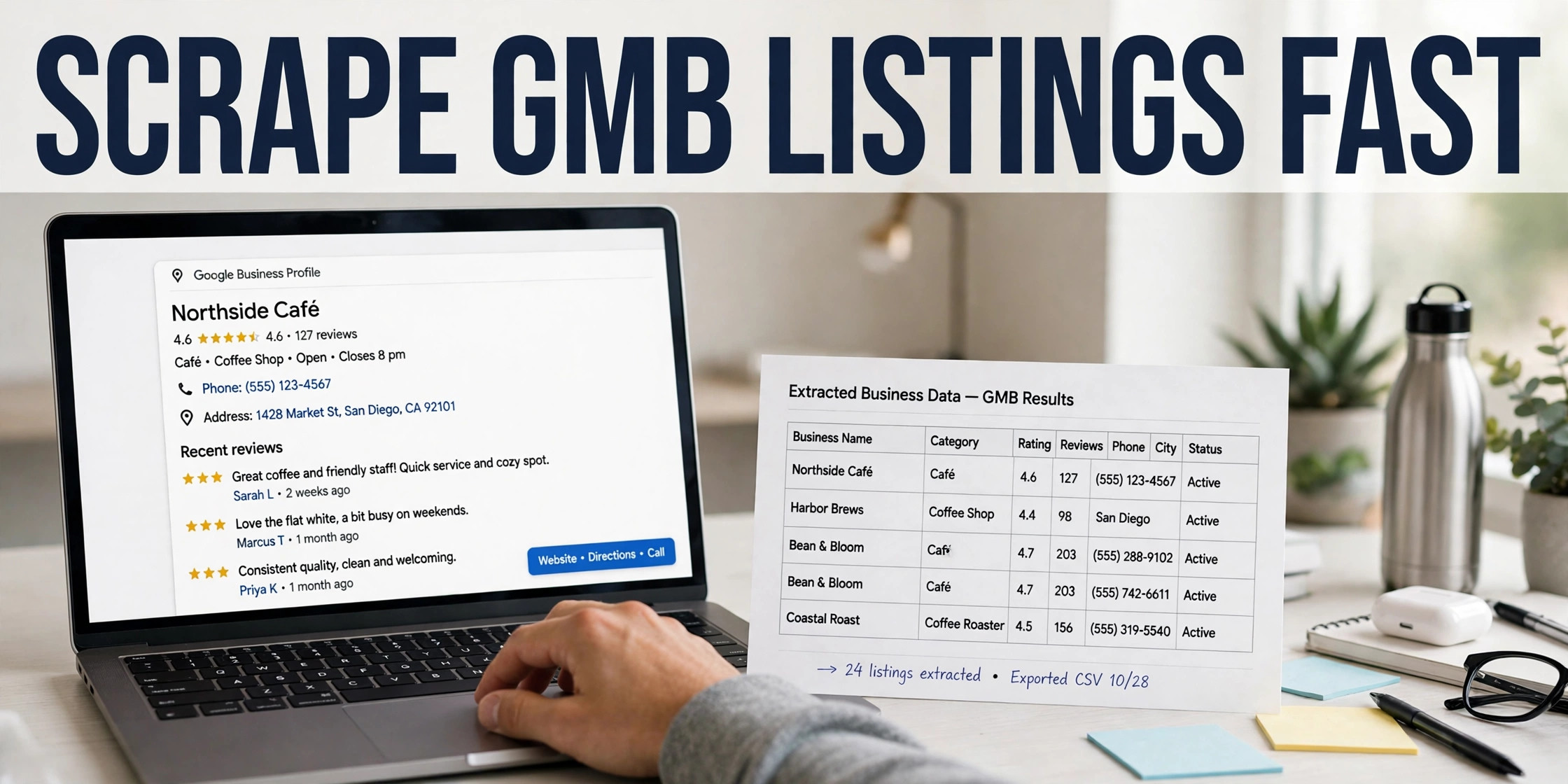 Laptop showing a Google Business Profile listing beside an extracted business data sheet, headline Scrape GMB Listings Fast